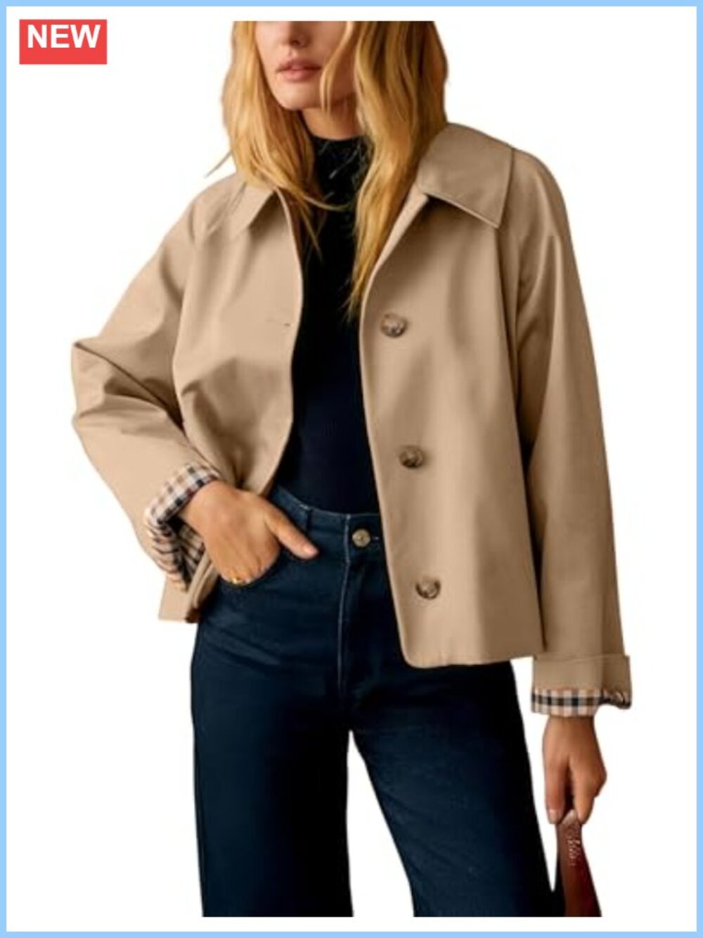Women's Plaid Trench Coat Short Lapel Button Down Jacket